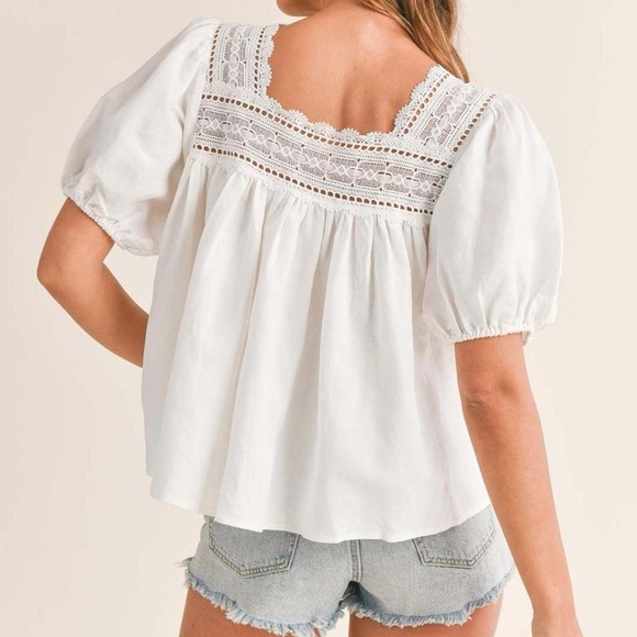 ✨SOLD✨ NWT Petal & Pup Linen Square Neck Lace Puff Sleeve Blouse in White - S - Picture 8 of 8